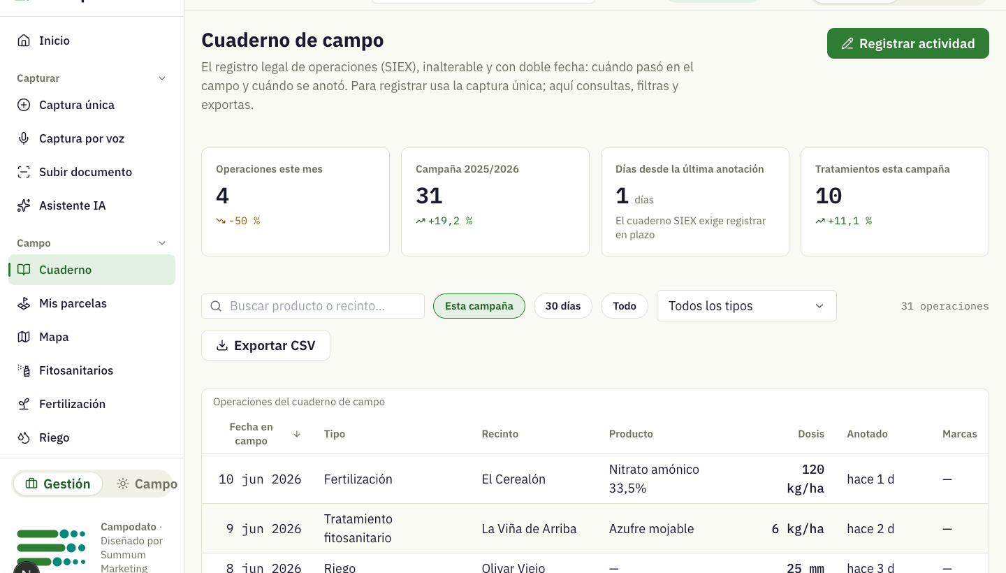 El cuaderno de campo de Campodato con la campaña al día: operaciones, tratamientos y exportación a SIEX